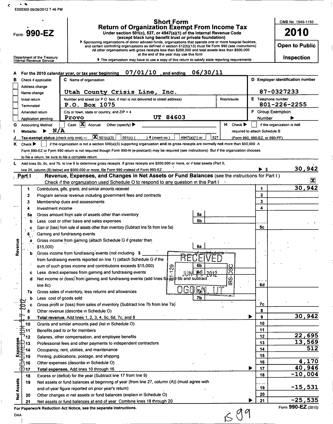 Image of first page of 2010 Form 990EZ for Utah County Crisis Line