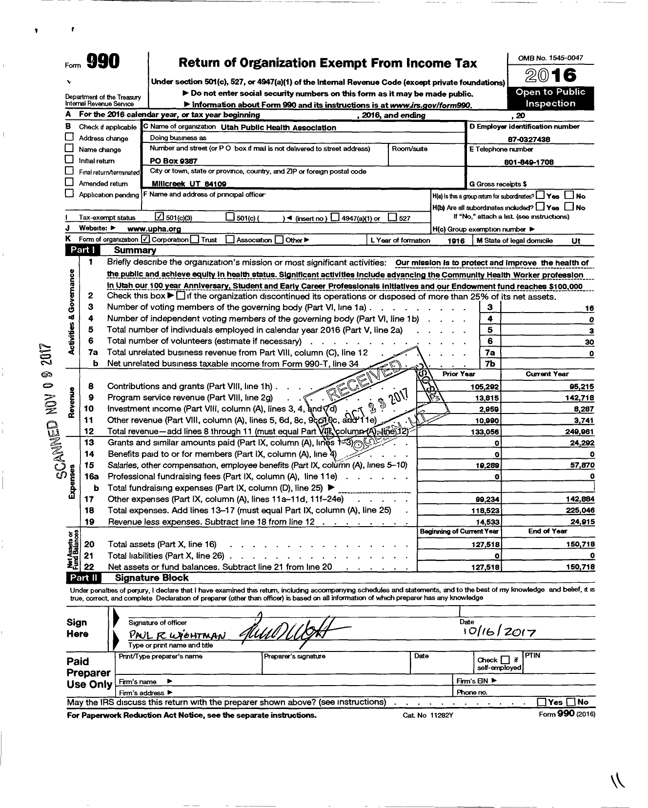 Image of first page of 2016 Form 990 for Utah Public Health Association