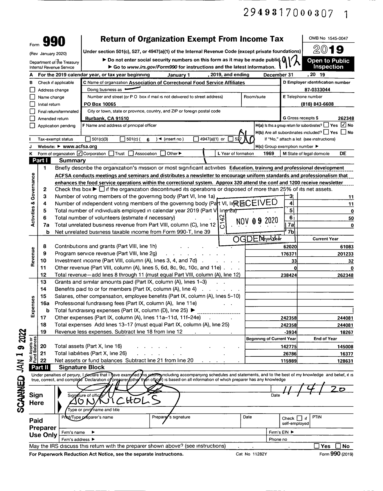 Image of first page of 2019 Form 990O for Association of Correctional Food Service Affiliates