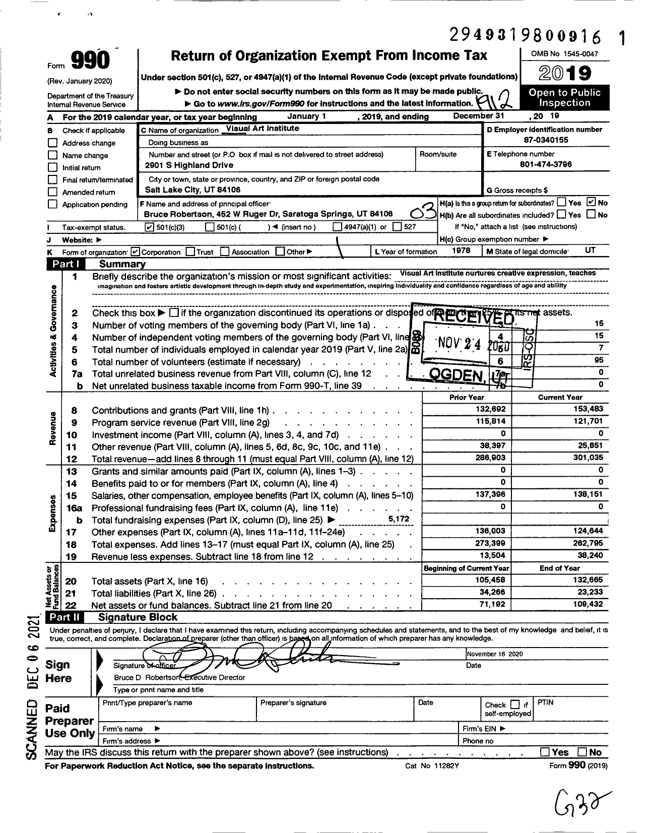 Image of first page of 2019 Form 990 for Visual Art Institute