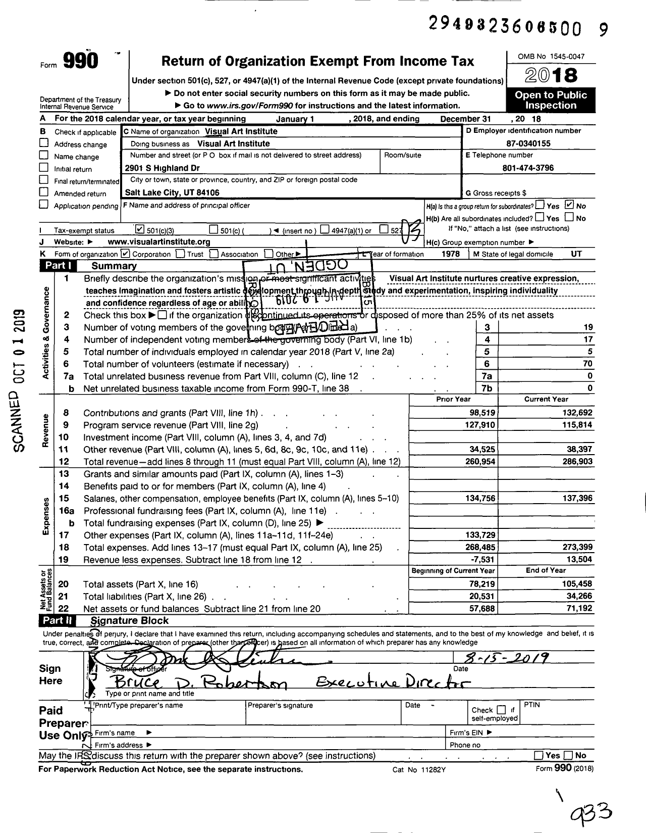 Image of first page of 2018 Form 990 for Visual Art Institute