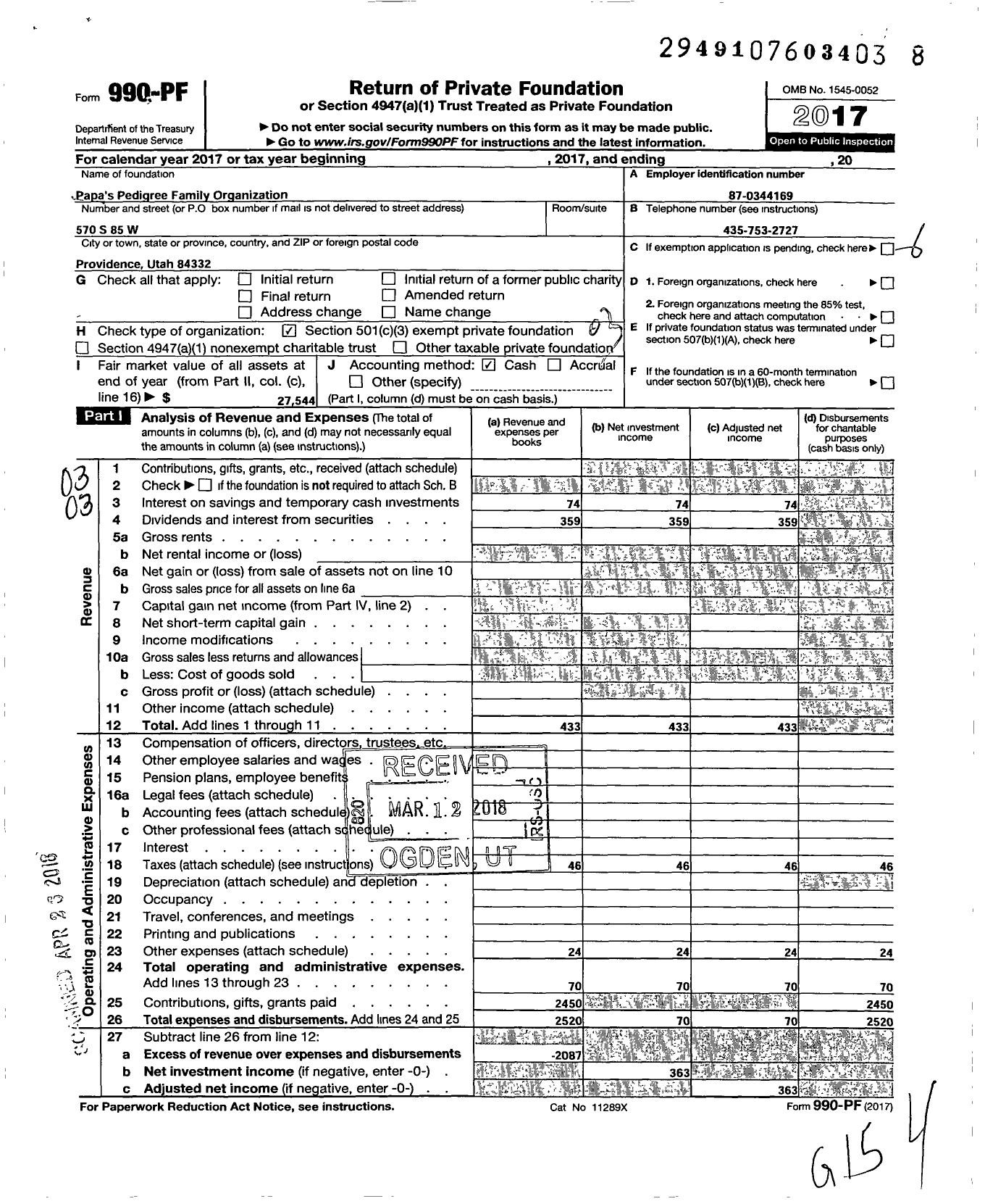 Image of first page of 2017 Form 990PF for Papa's Pedigree Family Organization