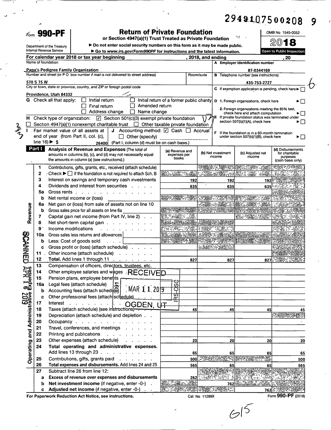 Image of first page of 2018 Form 990PF for Papa's Pedigree Family Organization