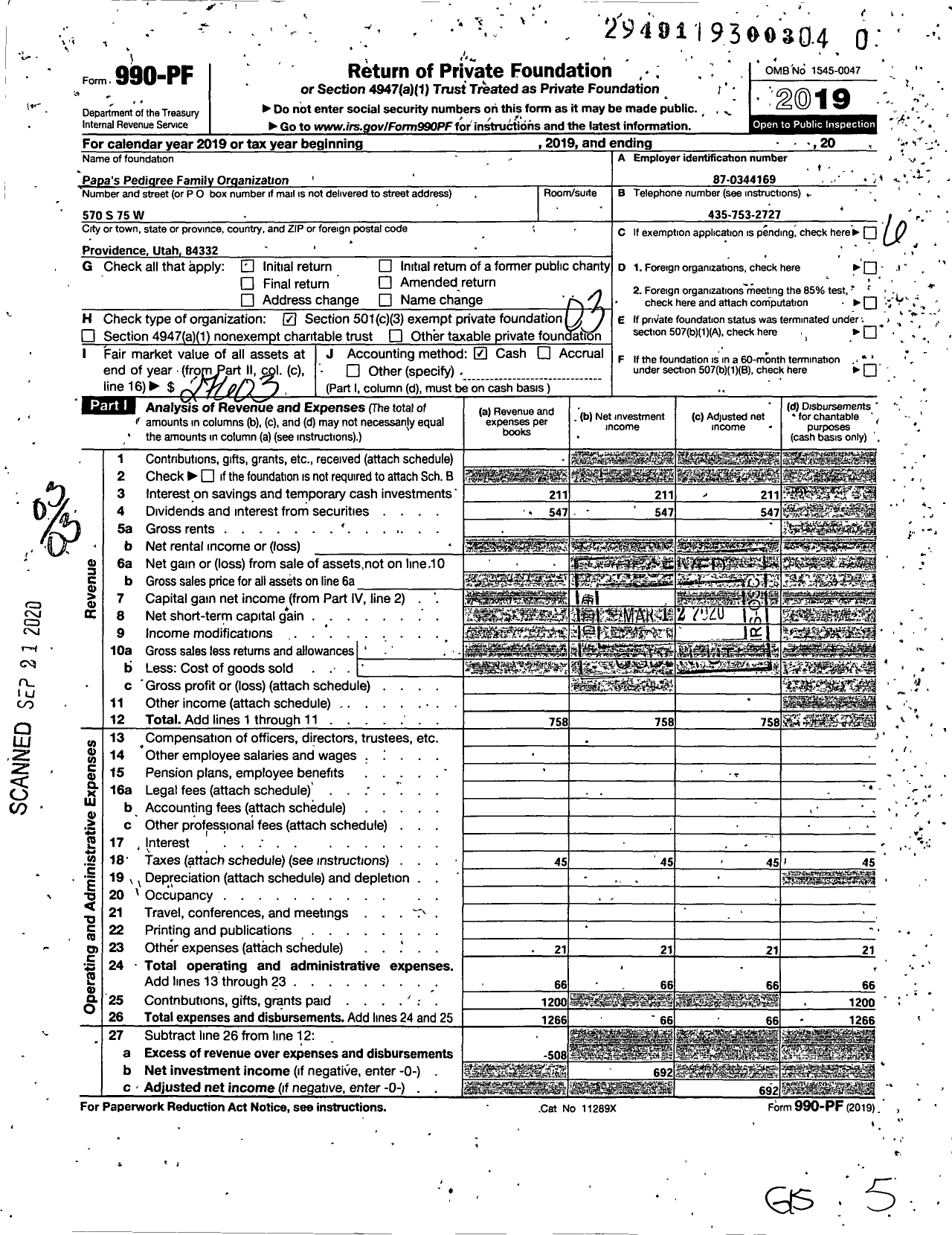 Image of first page of 2019 Form 990PR for Papa's Pedigree Family Organization