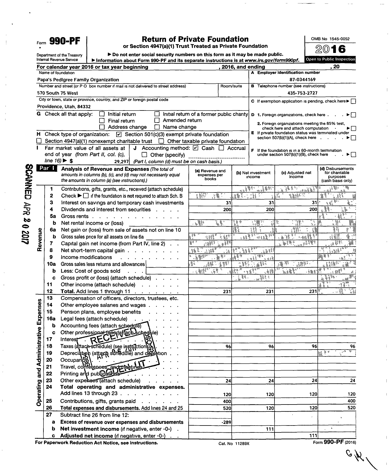 Image of first page of 2016 Form 990PF for Papa's Pedigree Family Organization