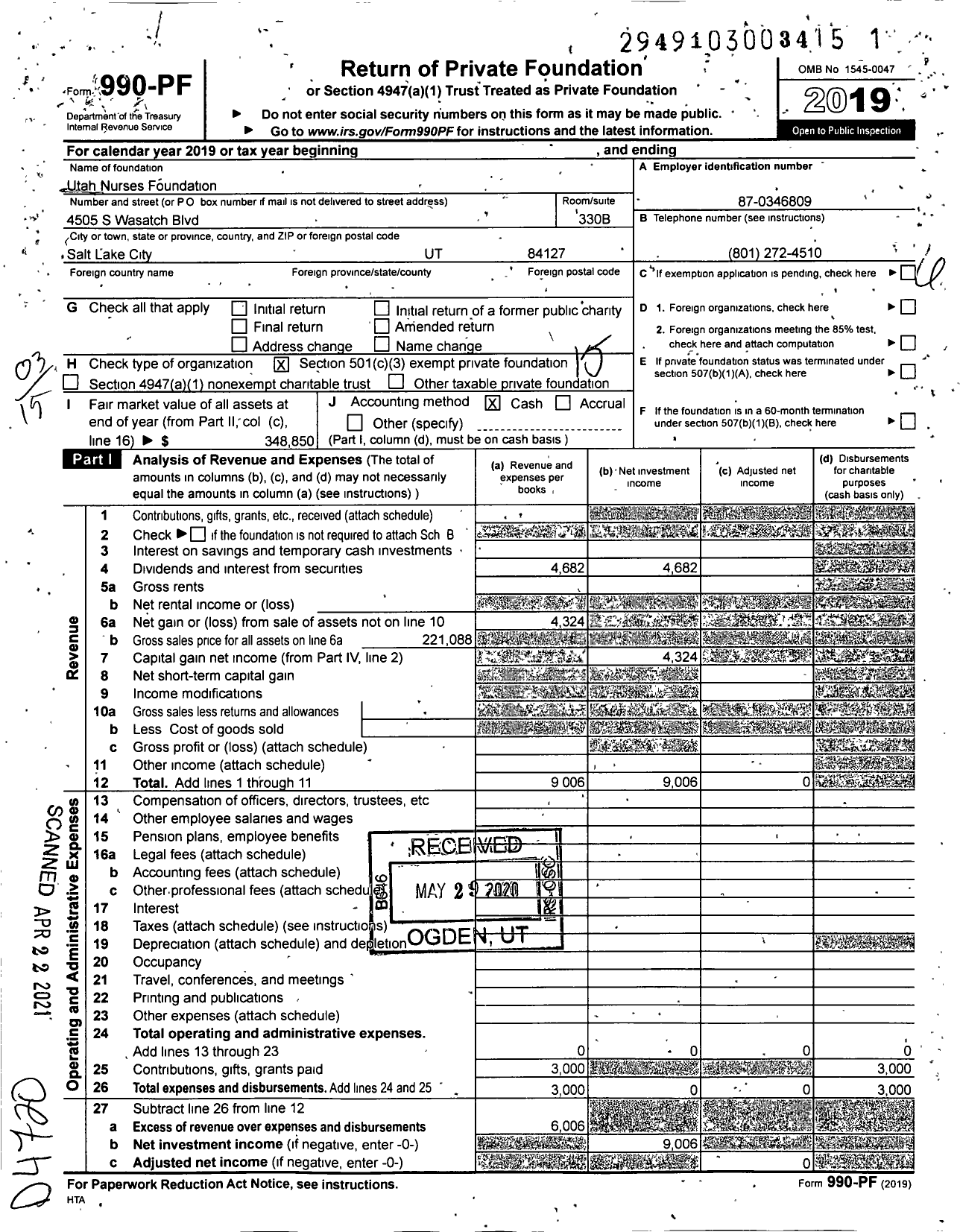 Image of first page of 2019 Form 990PF for Utah Nurses Foundation Care of Jodi Waddoups