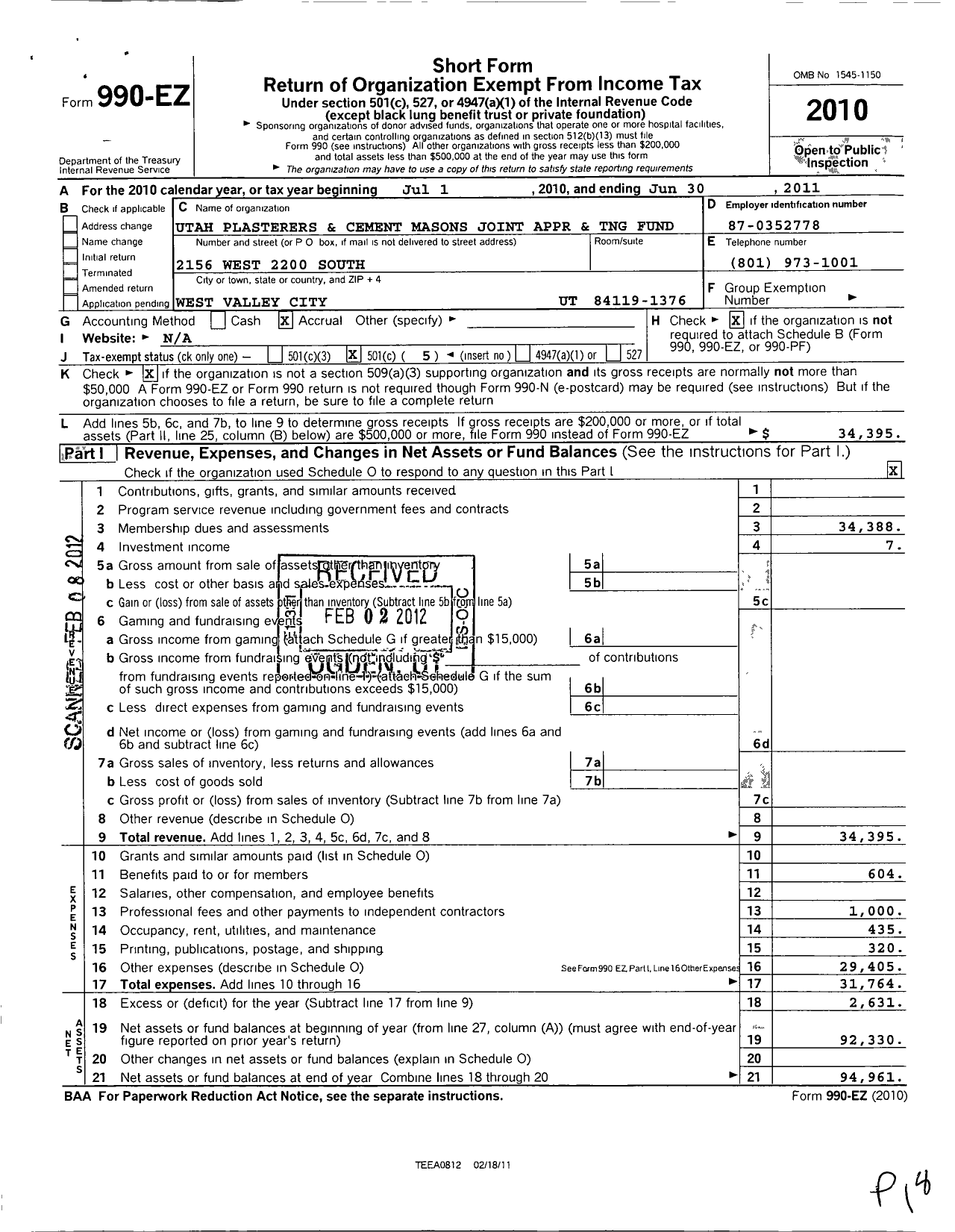 Image of first page of 2010 Form 990EO for Rocky Mountain Cement Masons Joint Apprenticeship & JM Training Trust Fund