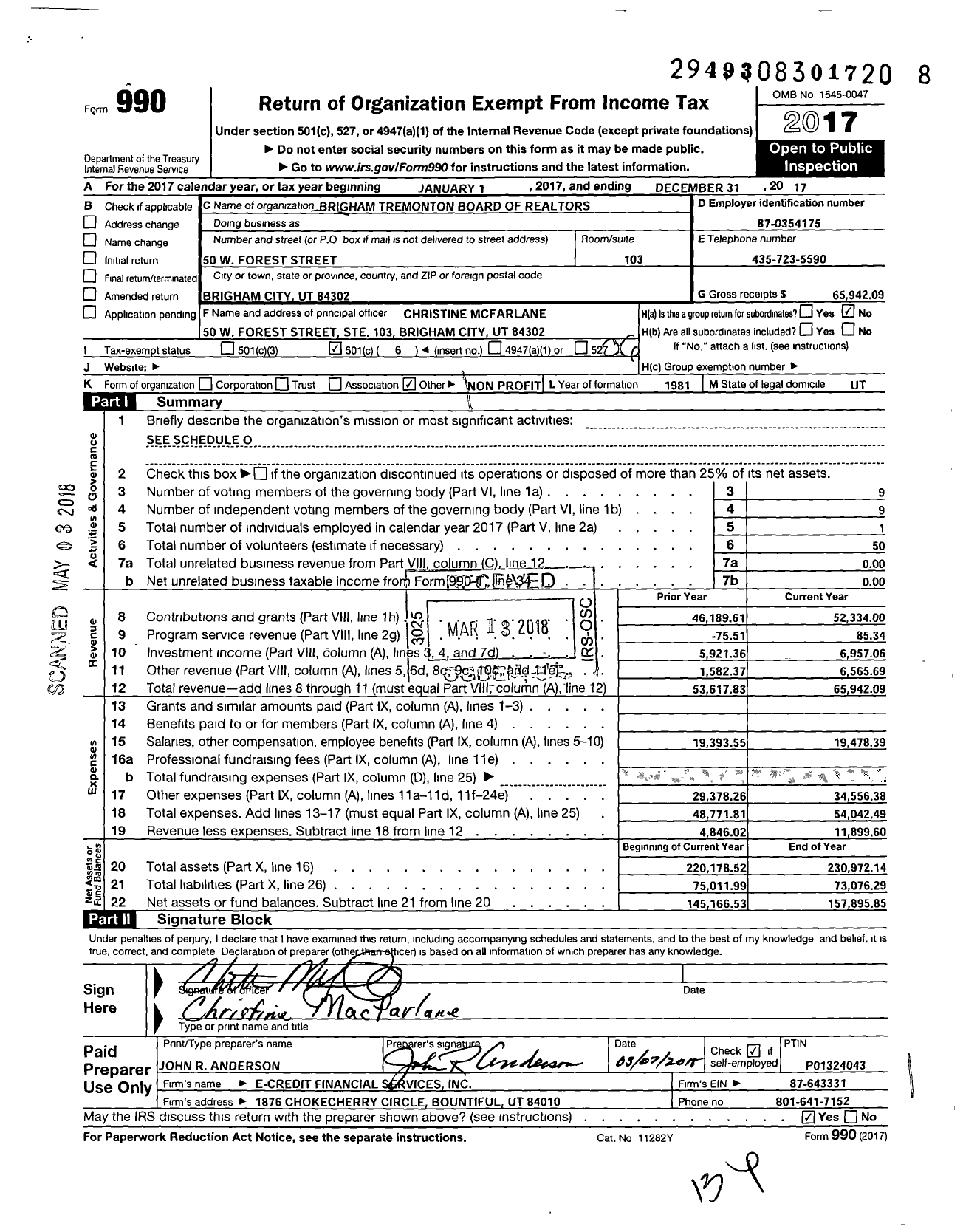 Image of first page of 2017 Form 990O for Brigham Tremonton Board of Realtors