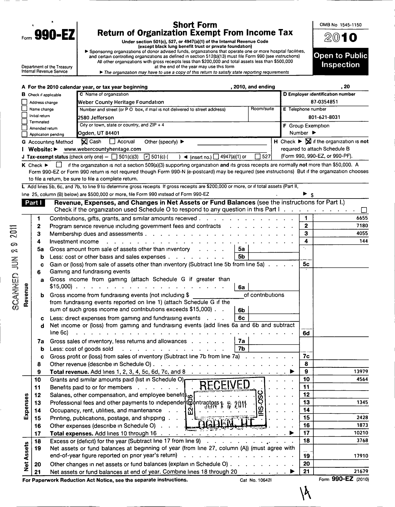 Image of first page of 2010 Form 990EO for Weber County Heritage Foundation