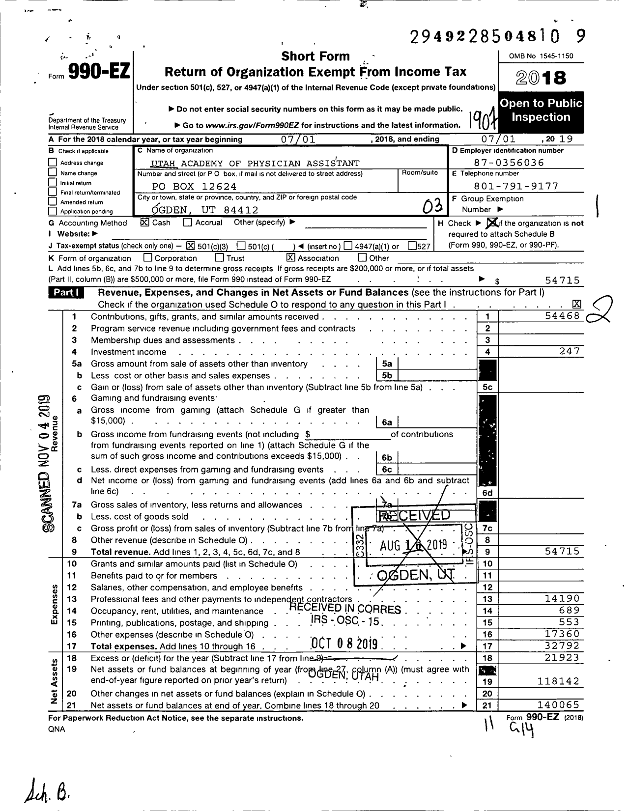 Image of first page of 2018 Form 990EZ for Utah Academy of Physician Assisstants