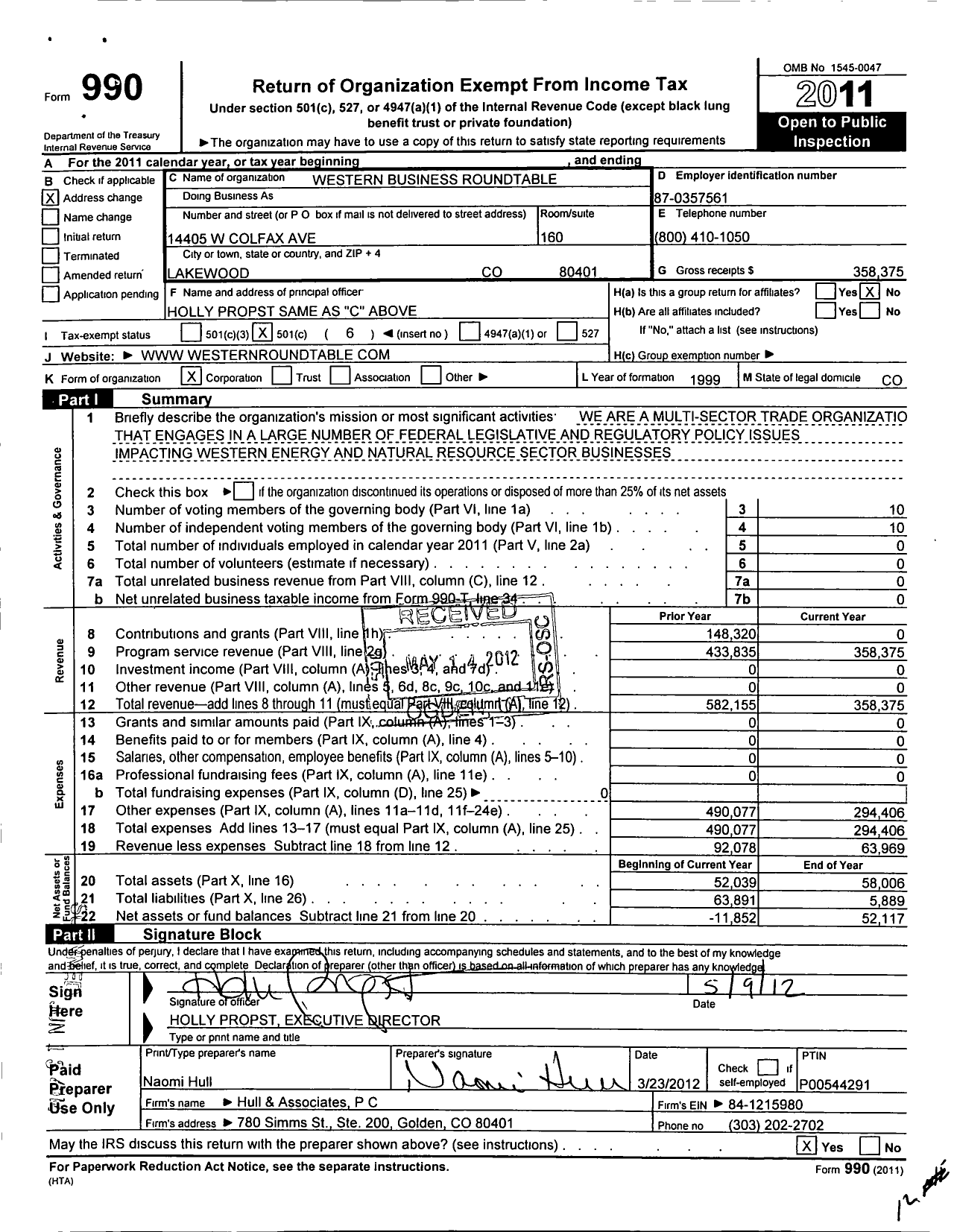 Image of first page of 2011 Form 990O for Western Business Roundtable