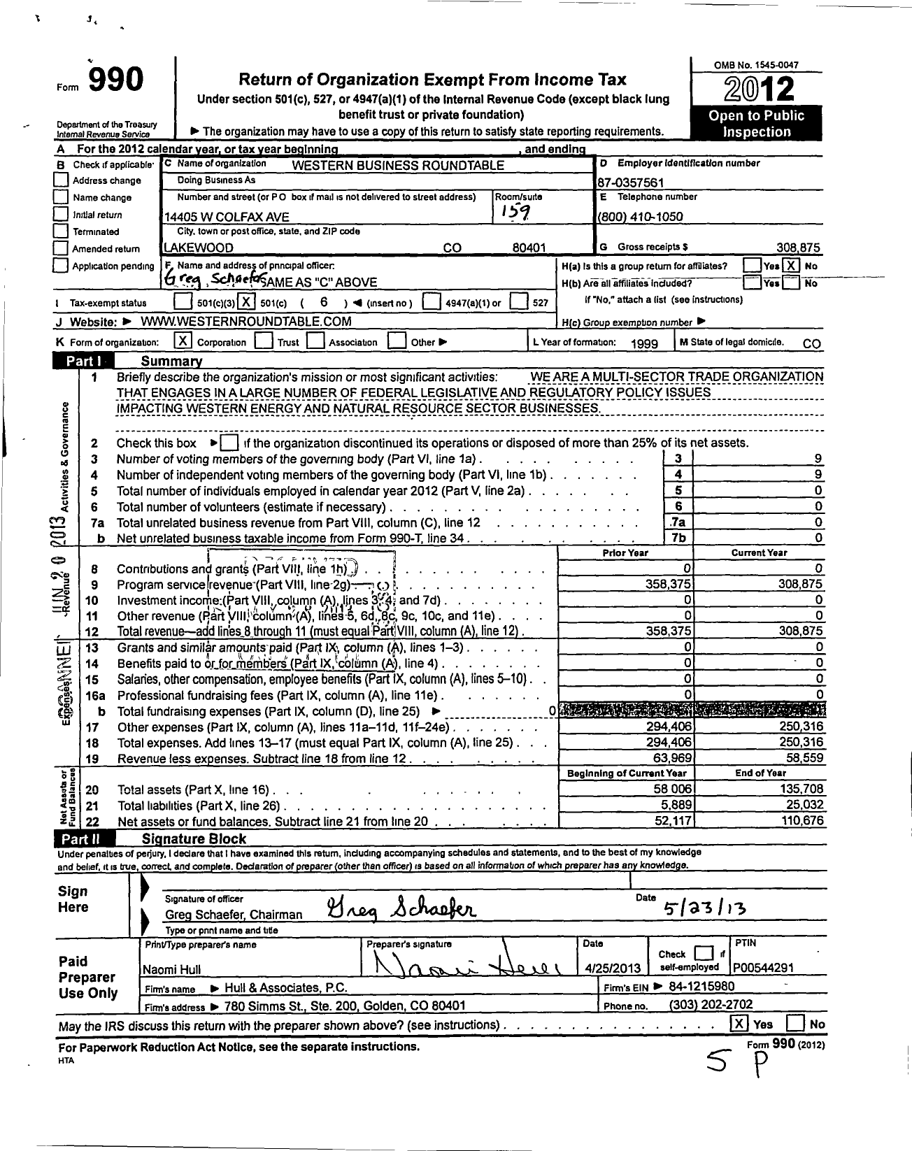 Image of first page of 2012 Form 990O for Western Business Roundtable