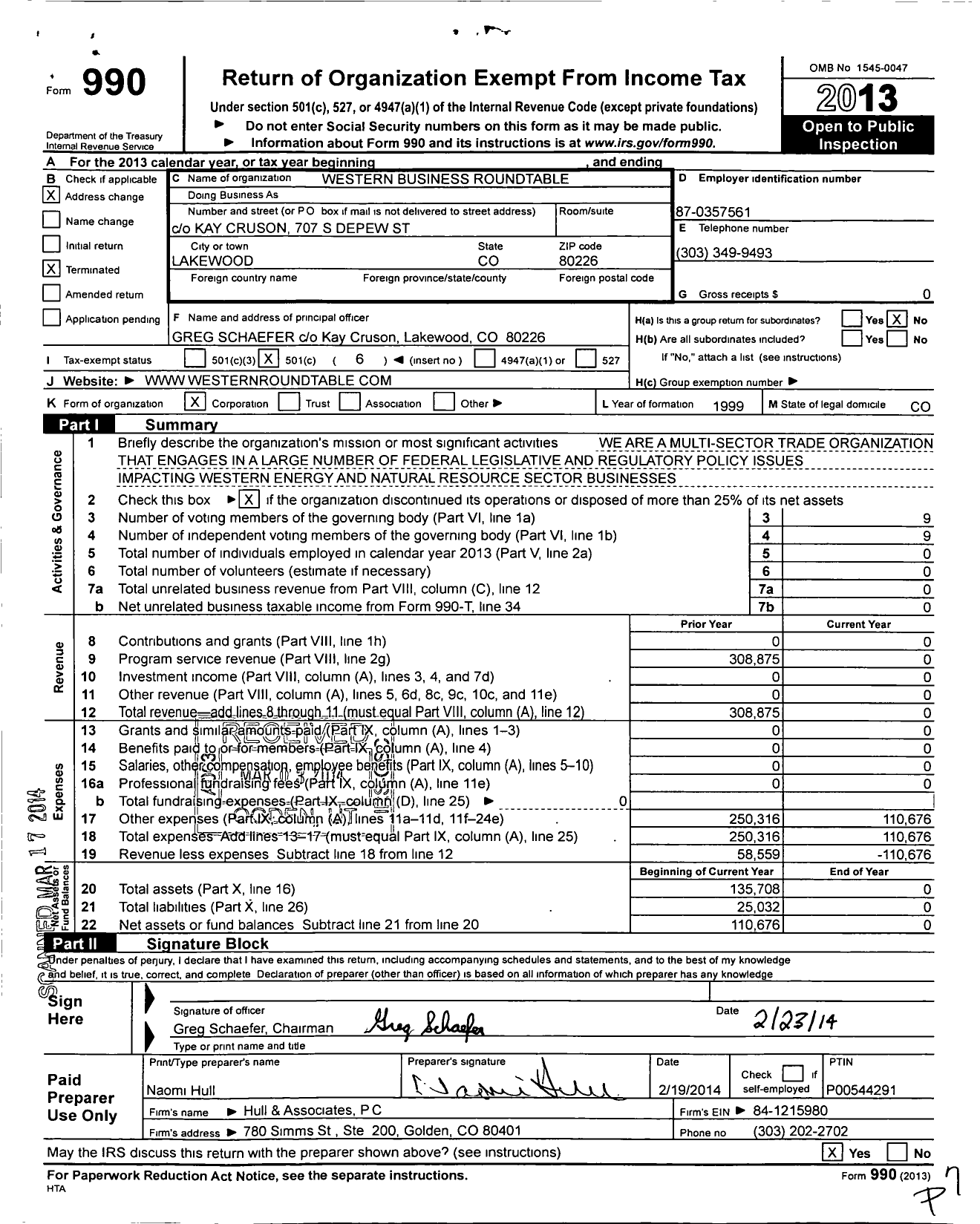 Image of first page of 2013 Form 990O for Western Business Roundtable