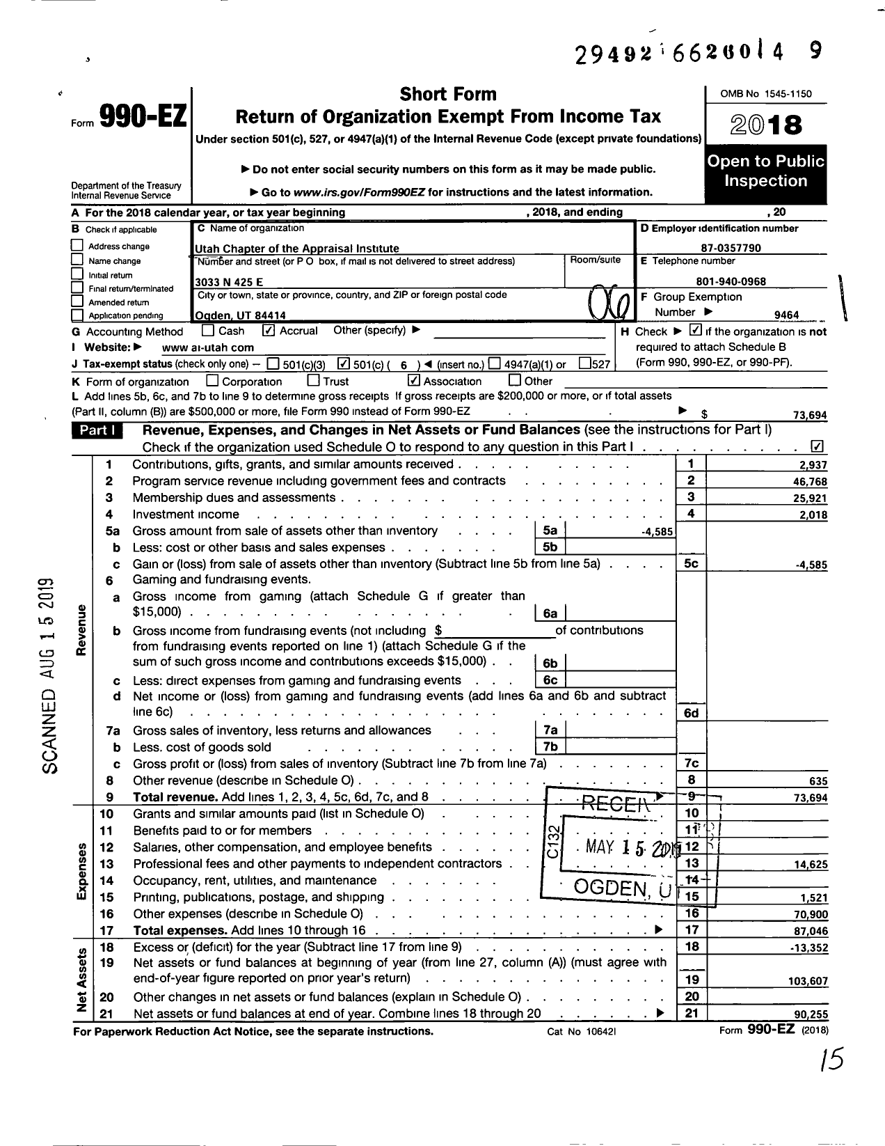 Image of first page of 2018 Form 990EO for Utah Chapter of the Appraisal Institute