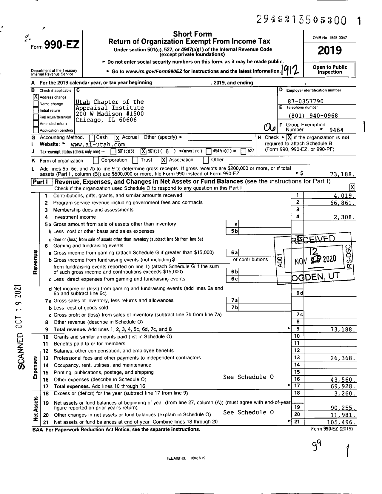 Image of first page of 2019 Form 990EO for Utah Chapter of the Appraisal Institute