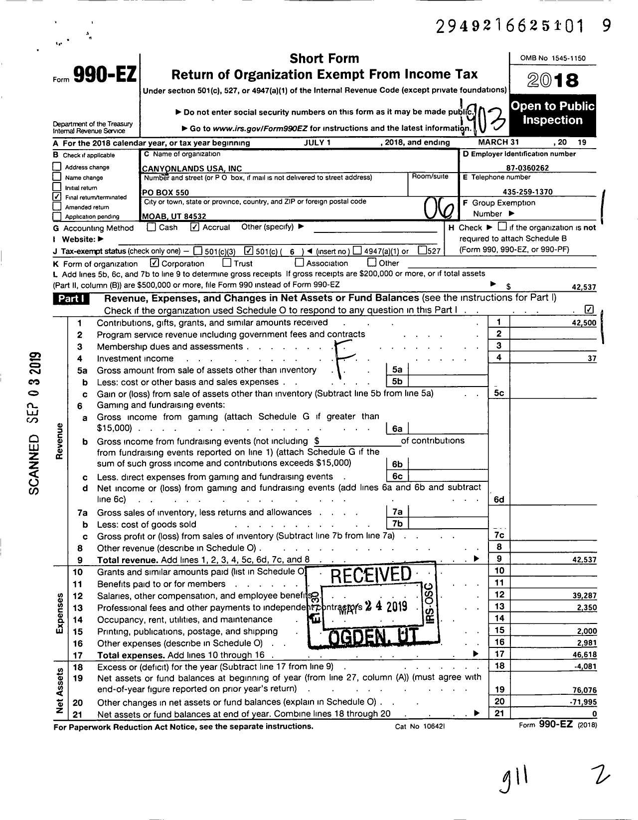 Image of first page of 2018 Form 990EO for Canyonlands USA