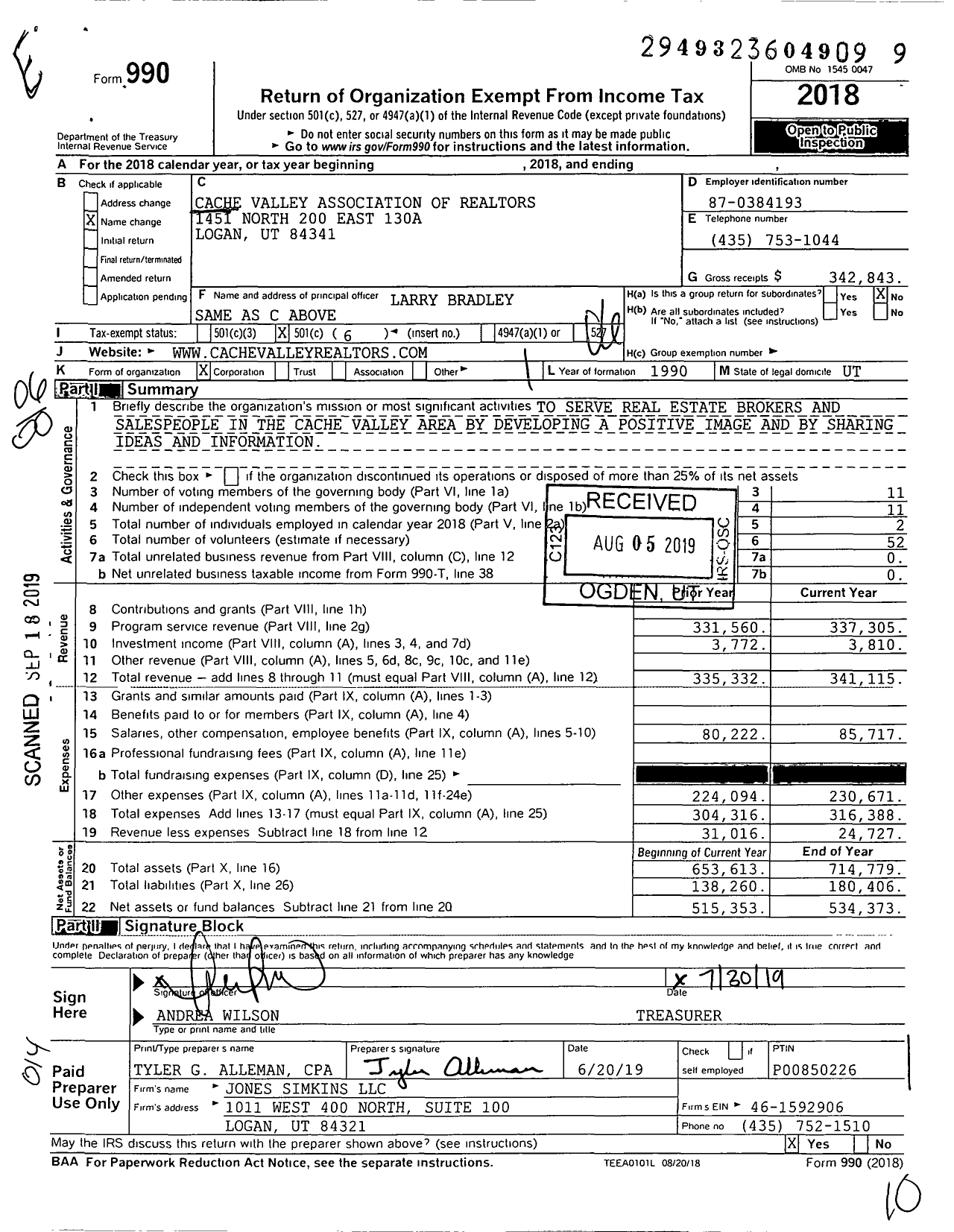 Image of first page of 2018 Form 990O for Cache Valley Association of Realtors