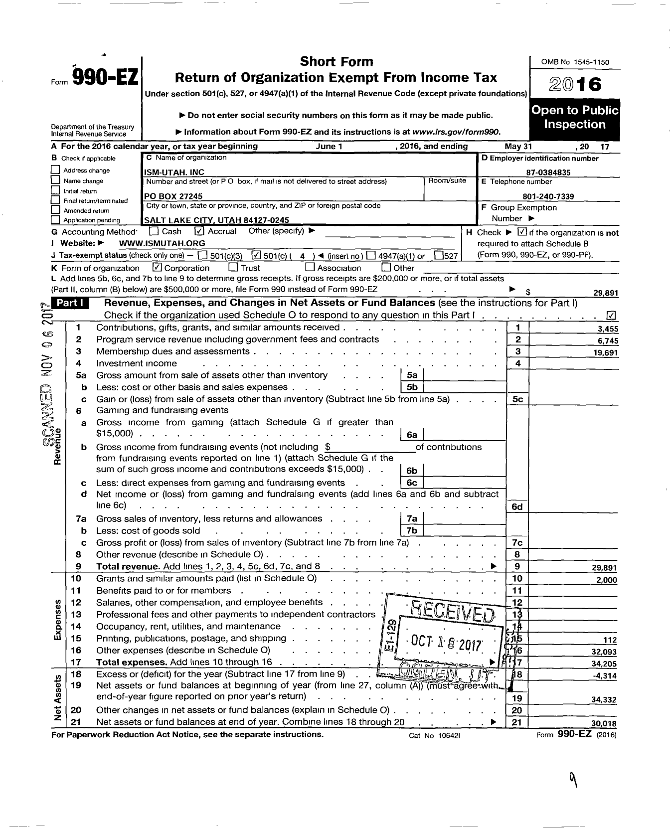 Image of first page of 2016 Form 990EO for ISM-Utah