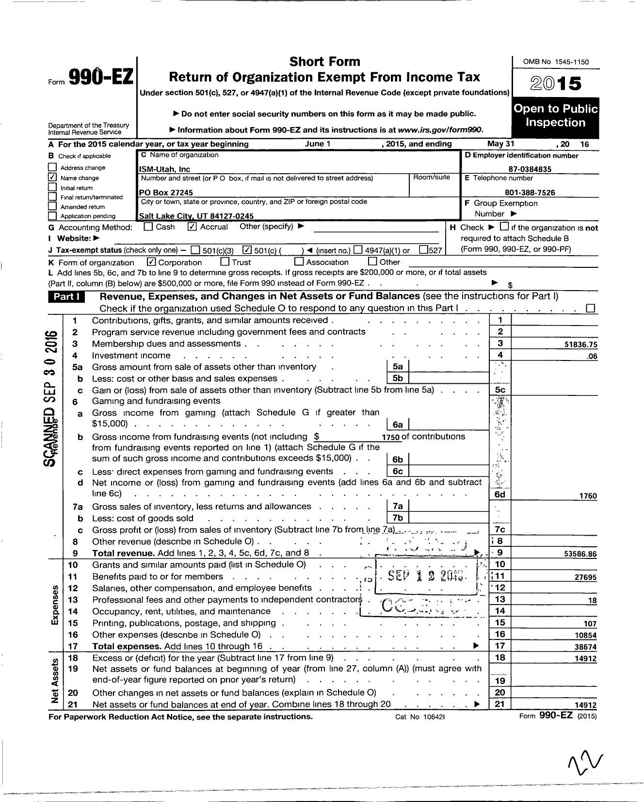 Image of first page of 2015 Form 990EO for ISM-Utah