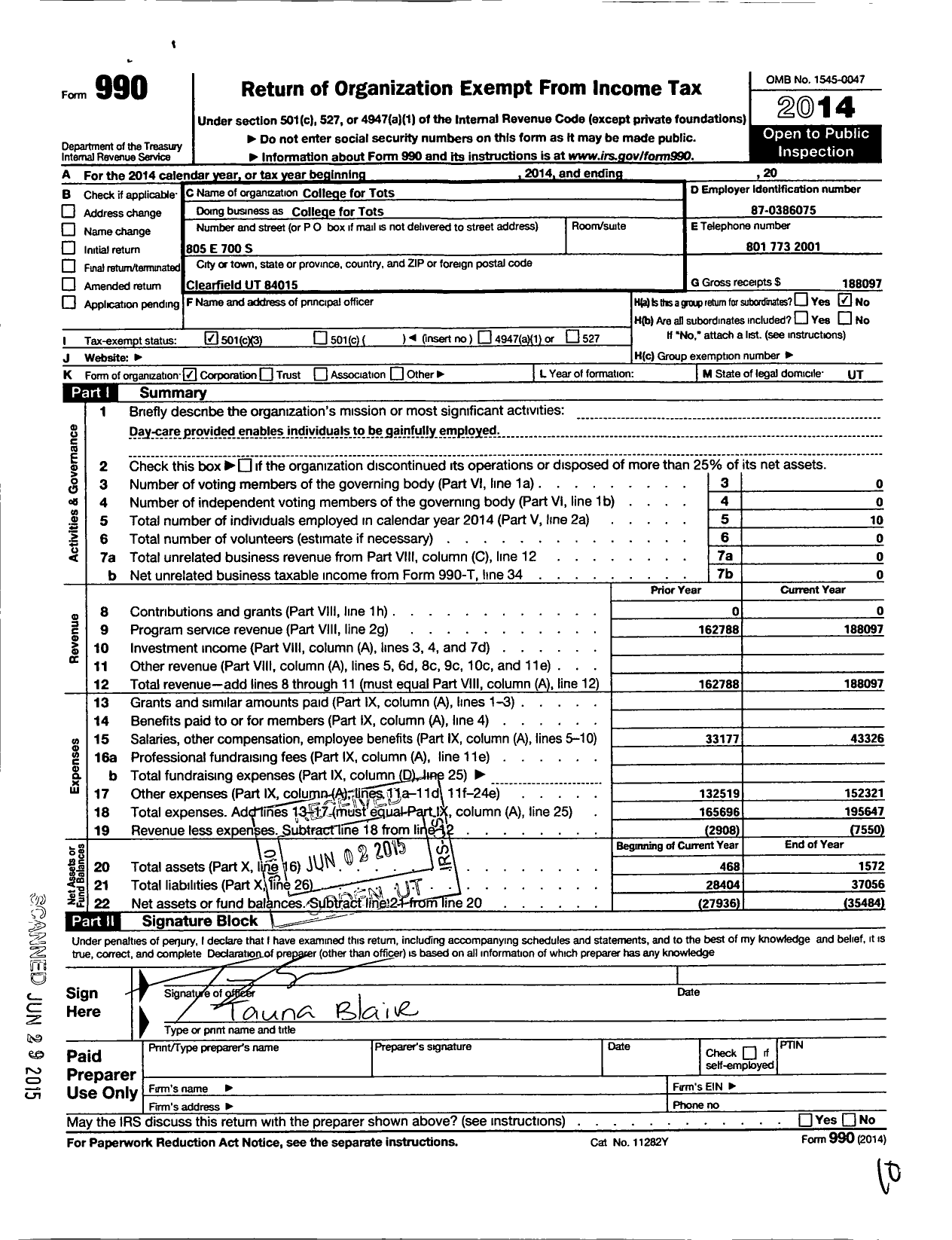 Image of first page of 2014 Form 990 for College for Tots