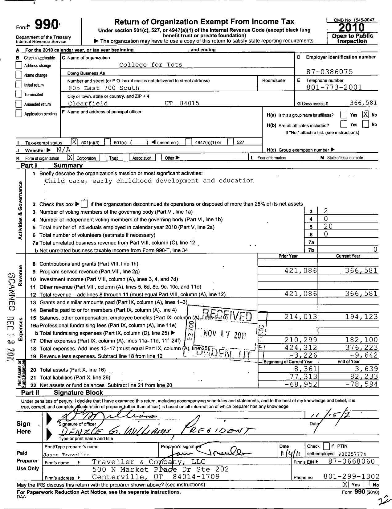 Image of first page of 2010 Form 990 for College for Tots