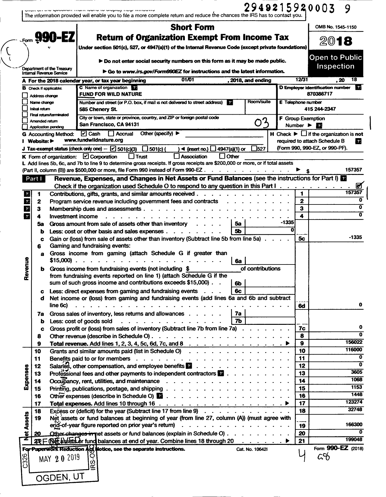 Image of first page of 2018 Form 990EZ for Fund for Wild Nature