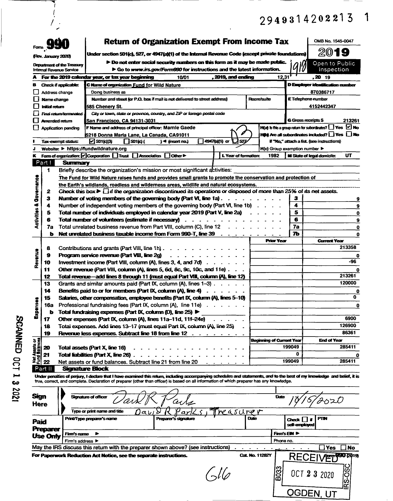 Image of first page of 2019 Form 990 for Fund for Wild Nature