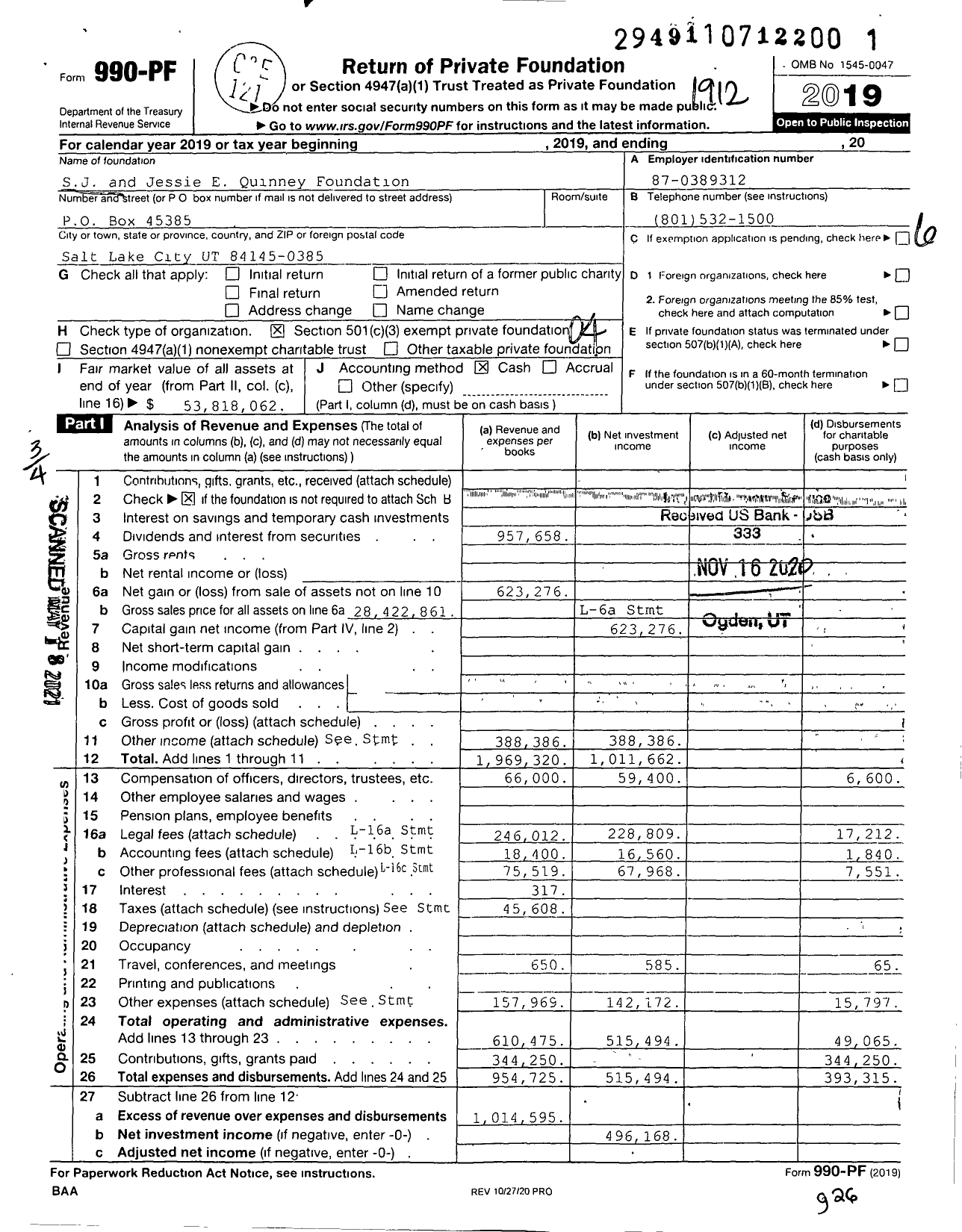 Image of first page of 2019 Form 990PF for SJ and Jessie E Quinney Foundation