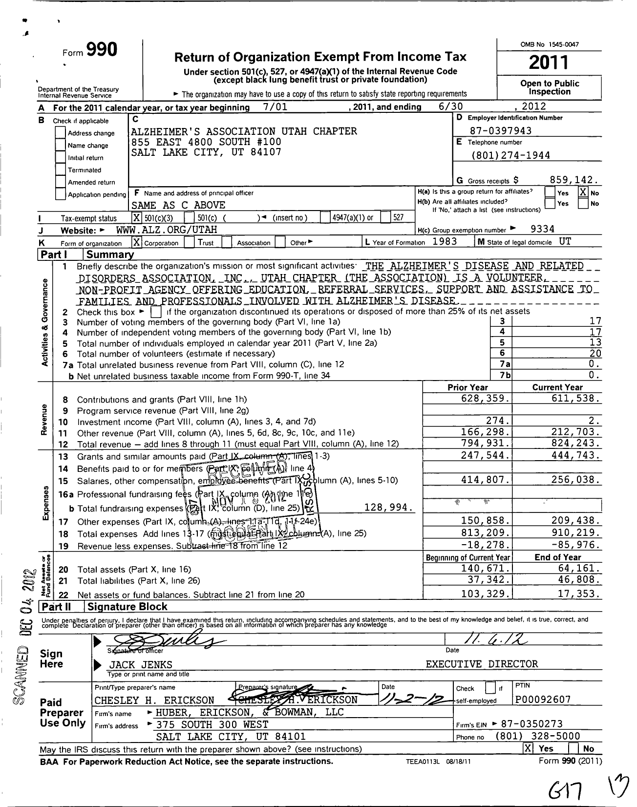 Image of first page of 2011 Form 990 for Alzheimers Association Utah Chapter