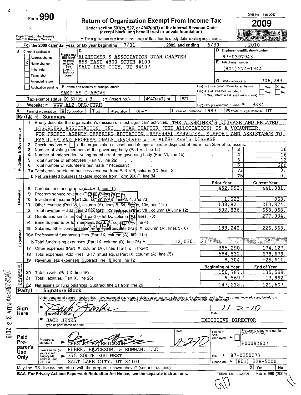 Image of first page of 2009 Form 990 for Alzheimers Association Utah Chapter
