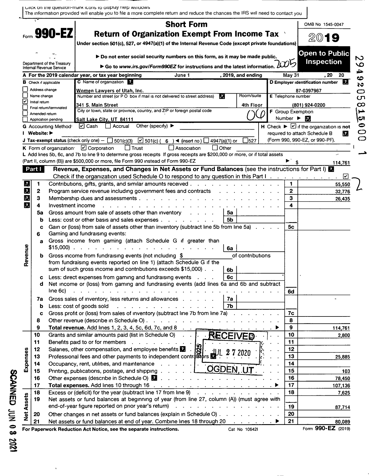 Image of first page of 2019 Form 990EO for Women Lawyers of Utah