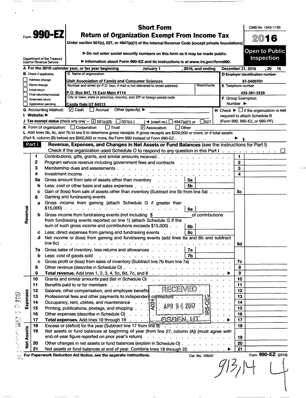 Image of first page of 2016 Form 990EZ for American Association of Family and Consumer Sciences / Utah Aafcs