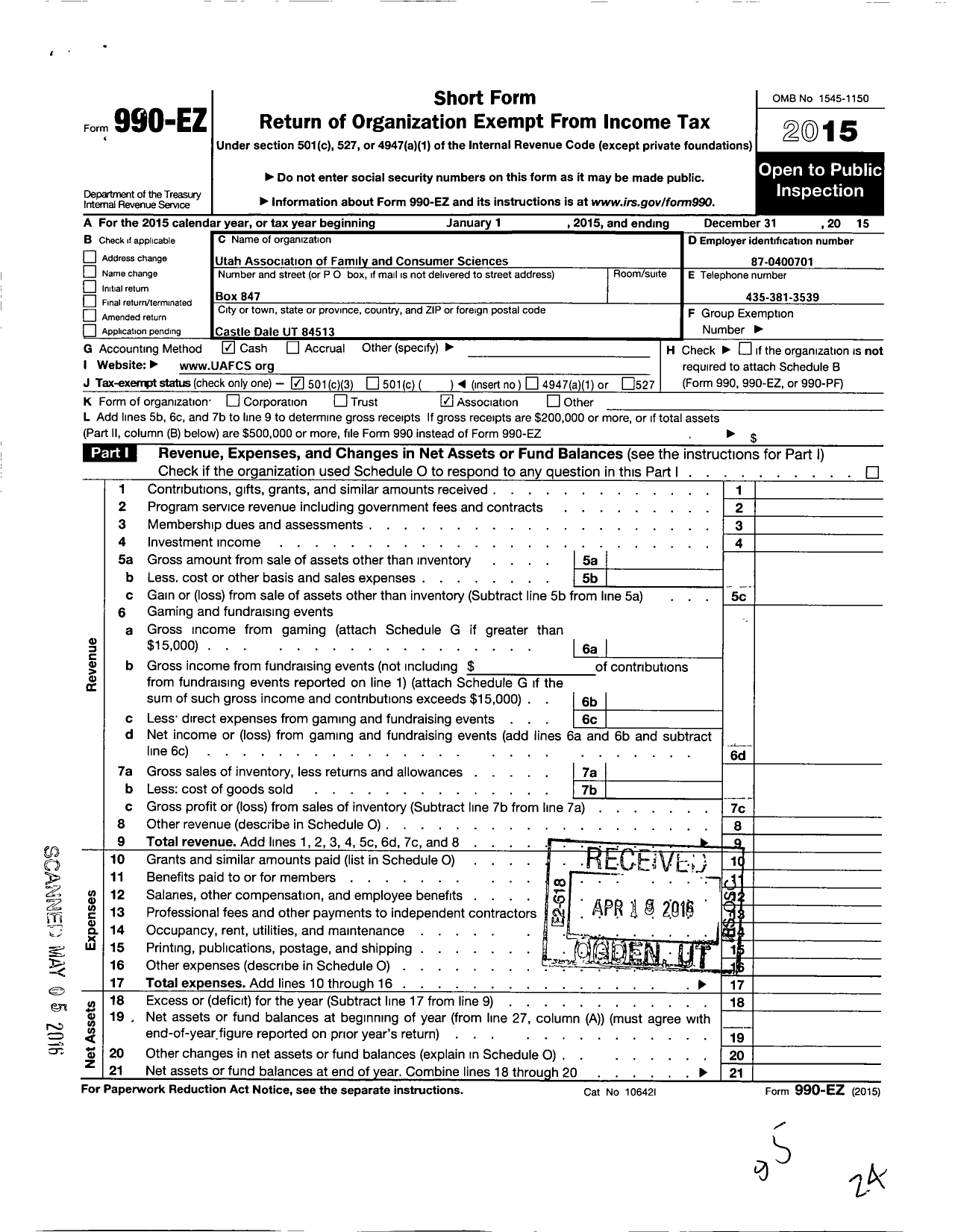 Image of first page of 2015 Form 990EZ for American Association of Family and Consumer Sciences / Utah Aafcs