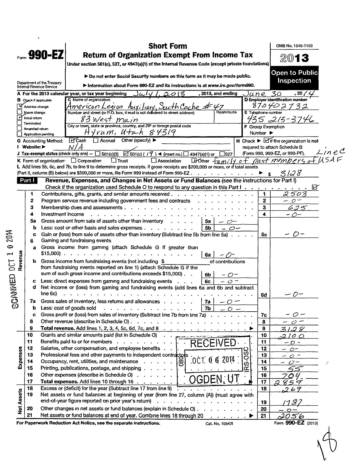 Image of first page of 2013 Form 990EO for American Legion Auxiliary - 47 South Cache