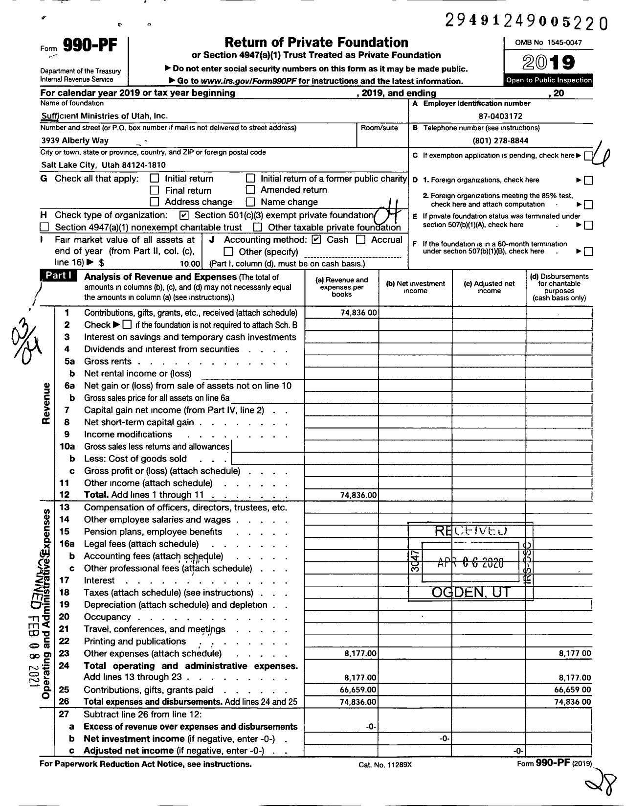 Image of first page of 2019 Form 990PF for Sufficient Ministries of Utah