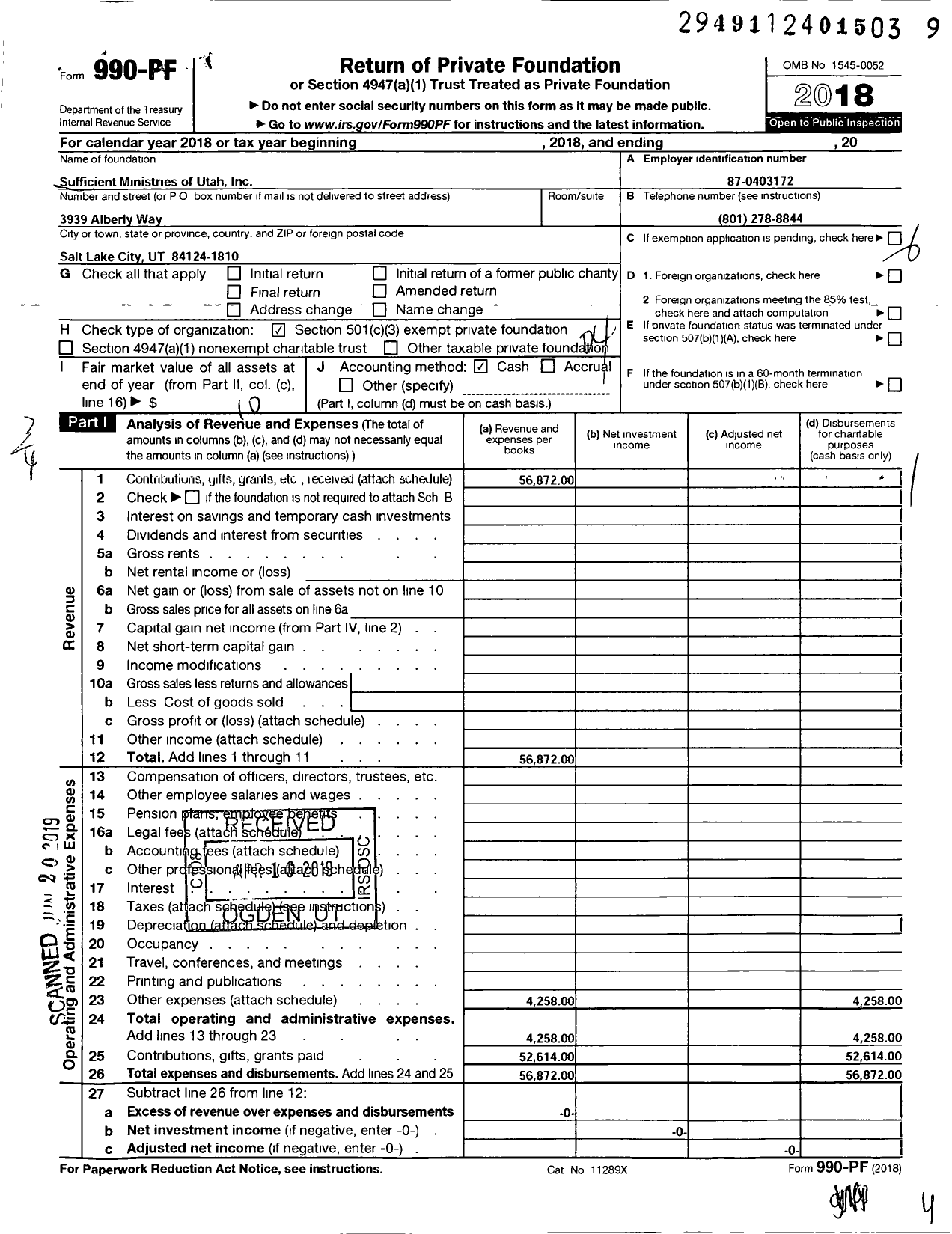 Image of first page of 2018 Form 990PF for Sufficient Ministries of Utah