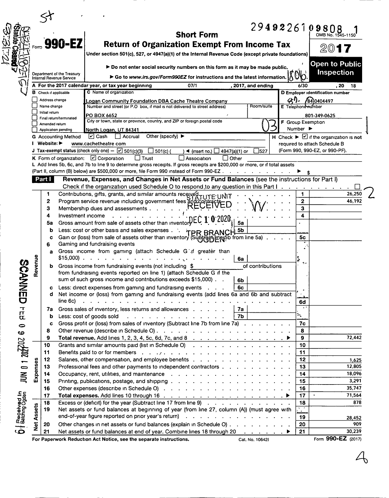 Image of first page of 2017 Form 990EZ for Cache Theatre Company