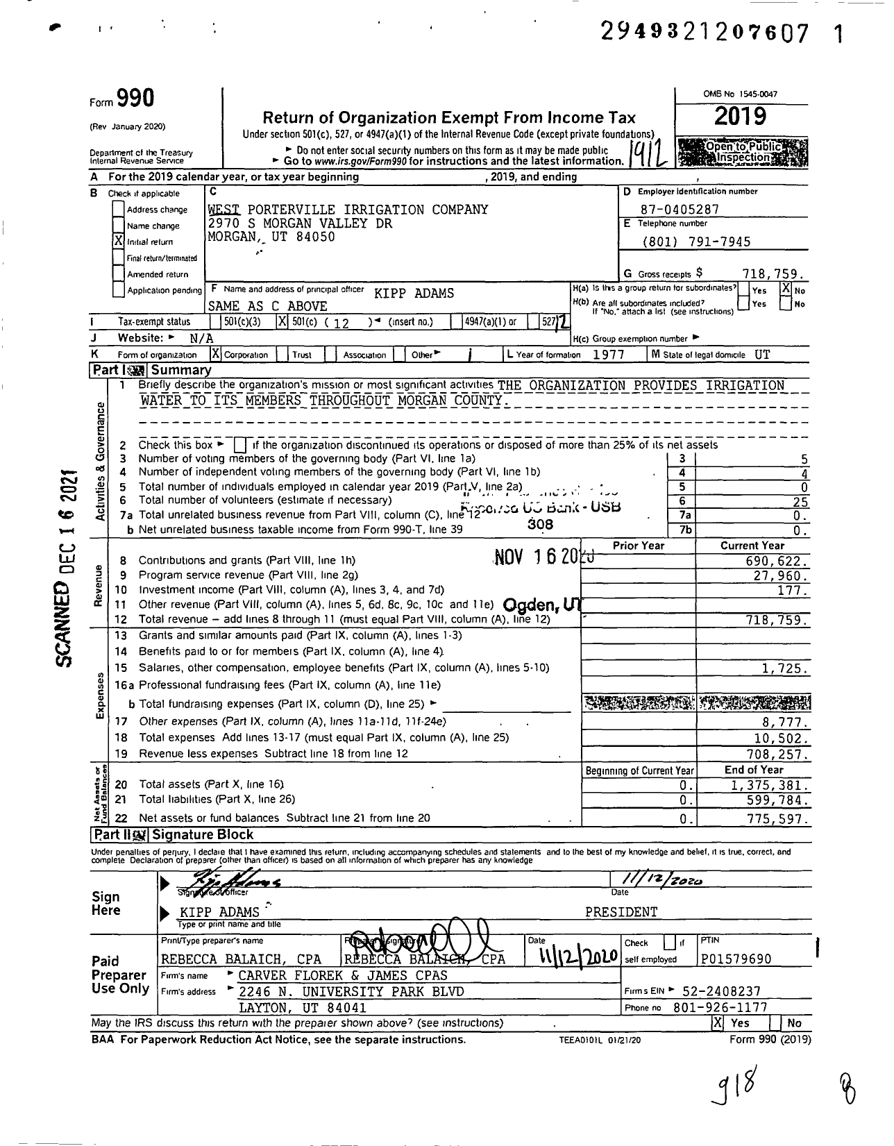 Image of first page of 2019 Form 990O for West Porterville Irrigation Company