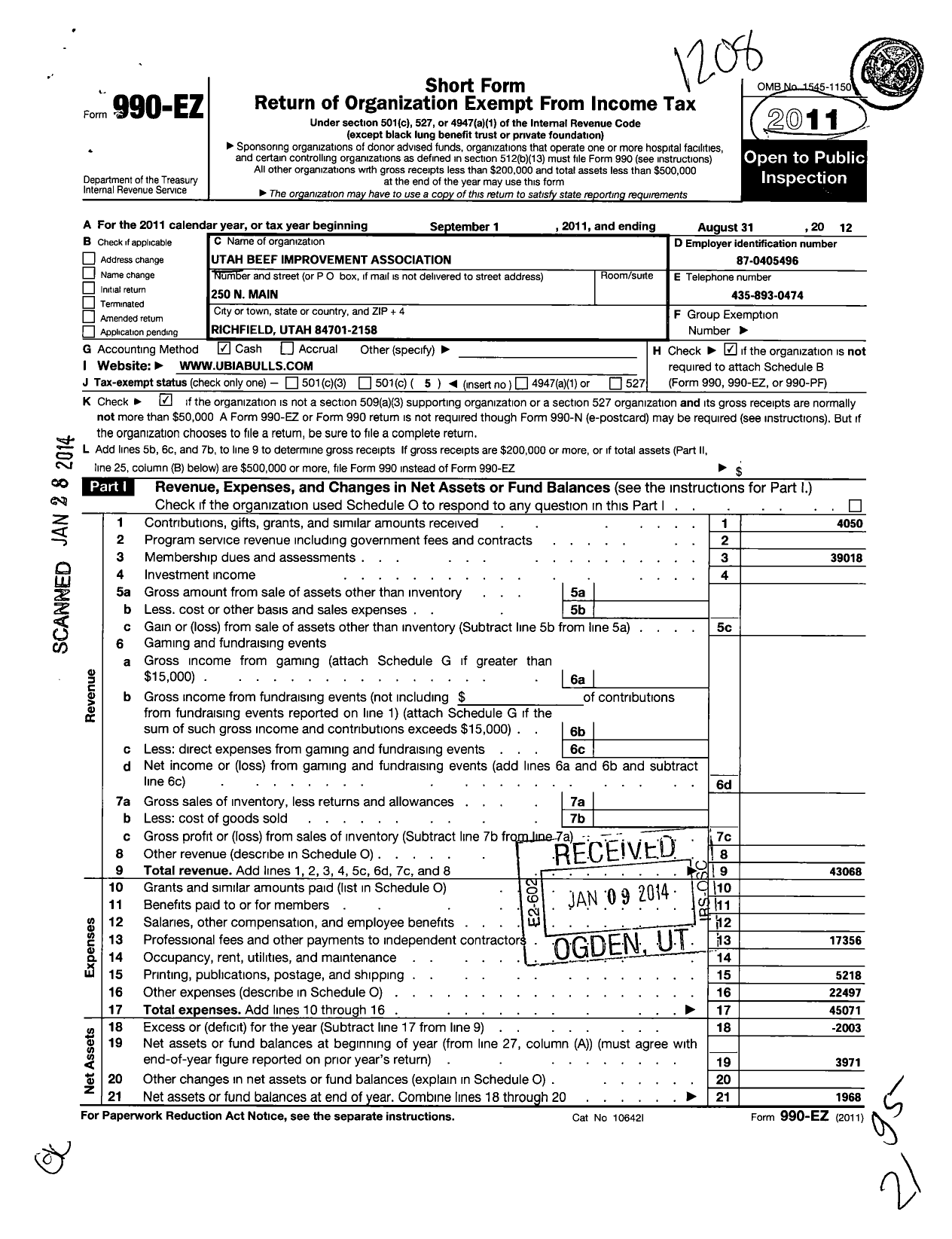 Image of first page of 2011 Form 990EO for Utah Beef Improvement Association