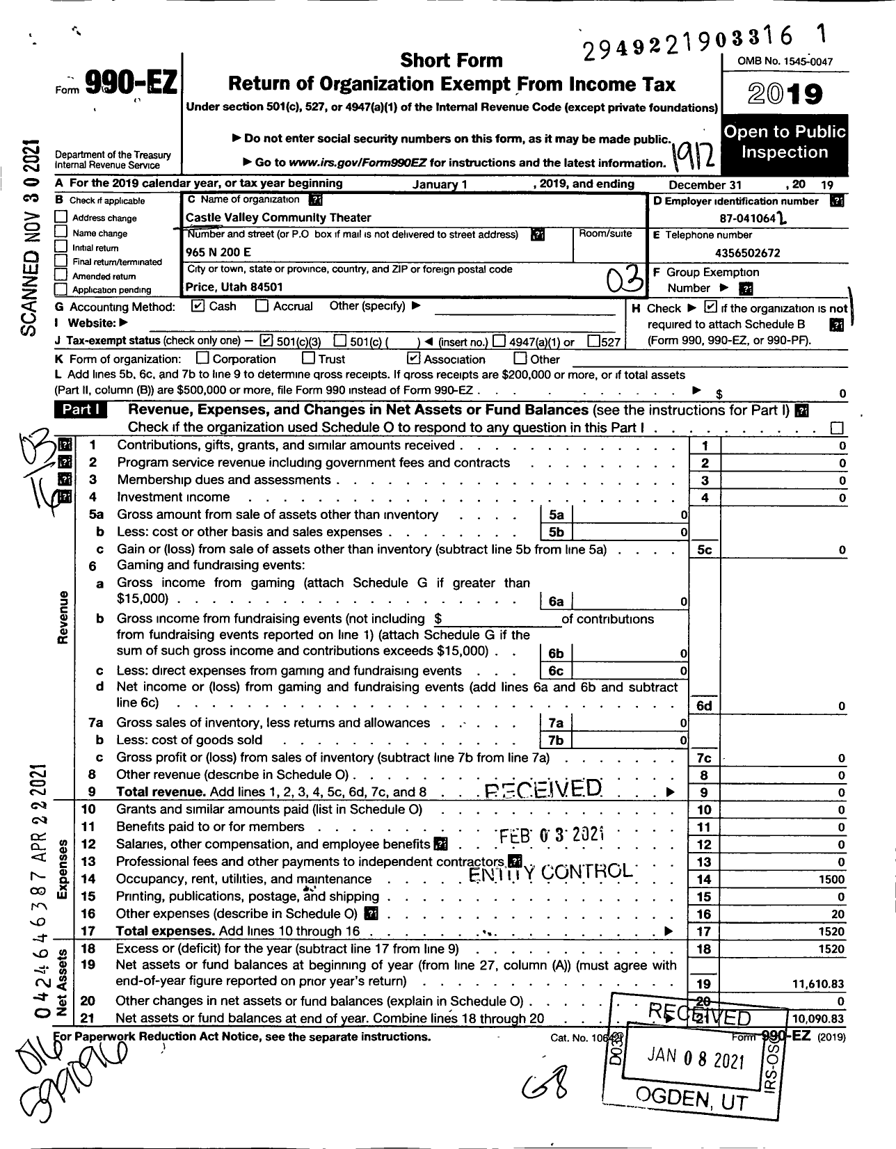 Image of first page of 2019 Form 990EZ for Castle Valley Community Theatre