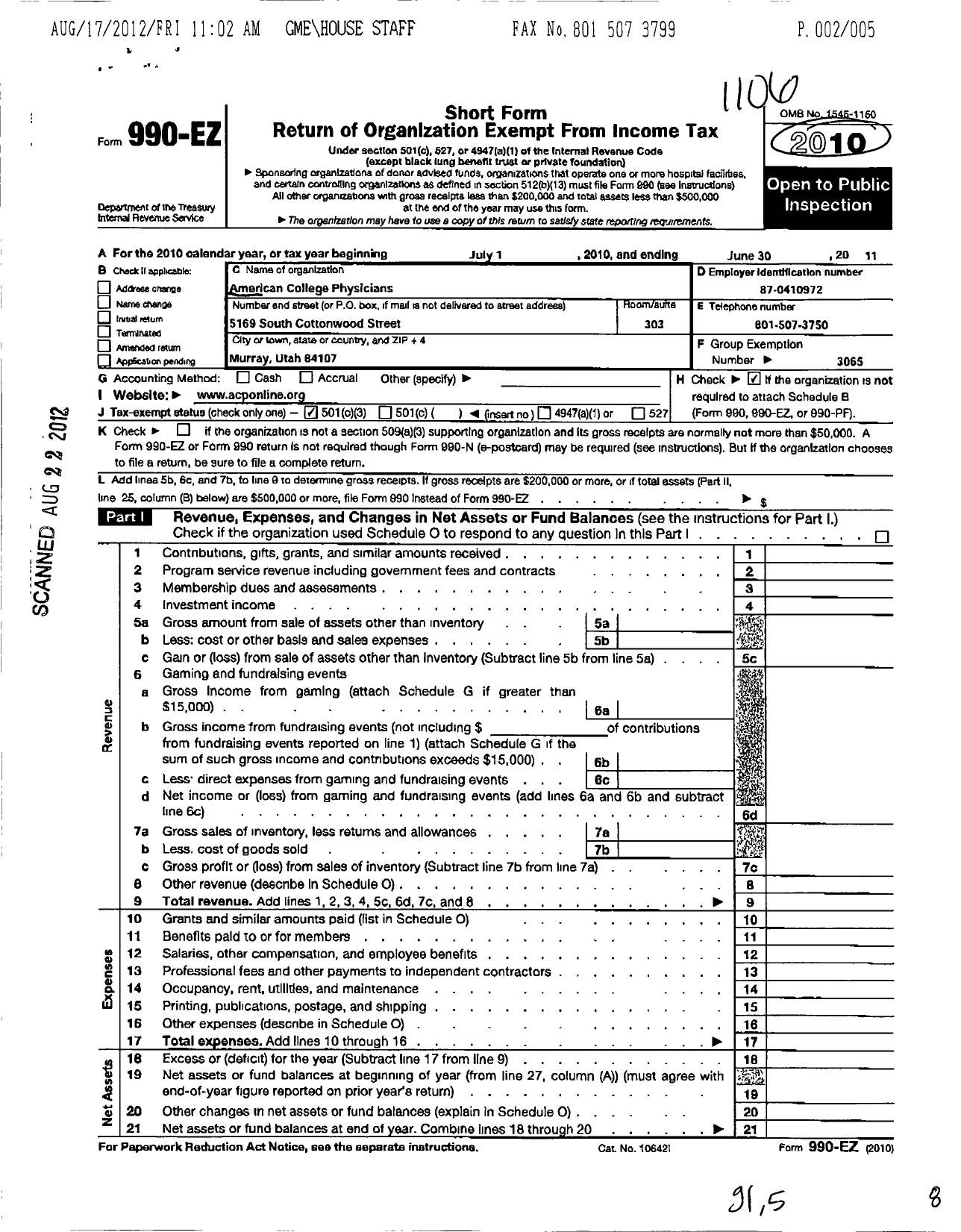 Image of first page of 2010 Form 990EZ for American College of Physicians / Utah Chapter