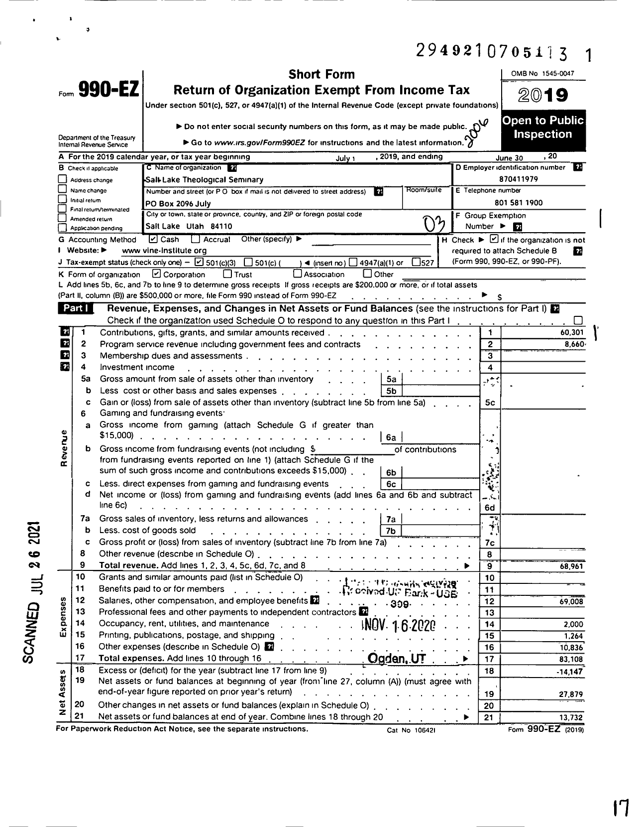 Image of first page of 2019 Form 990EZ for Salt Lake Theological Seminary