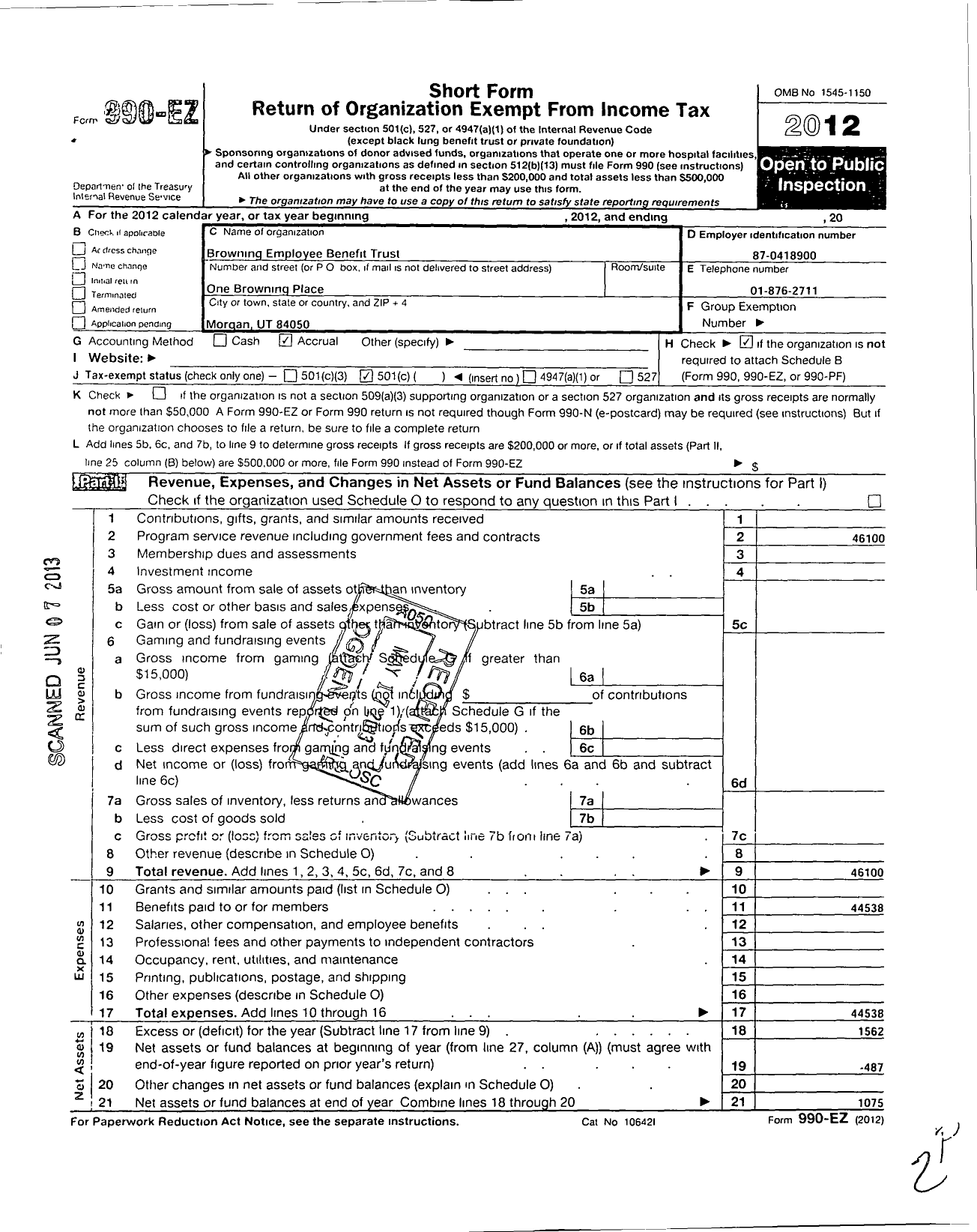 Image of first page of 2012 Form 990EO for Browning Employee Benefit Trust