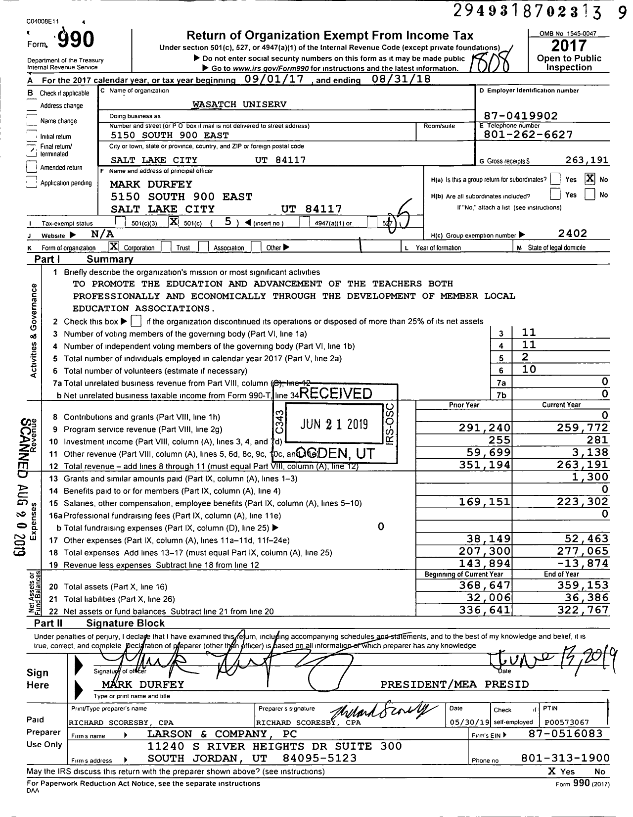 Image of first page of 2017 Form 990O for Wasatch Uniserv