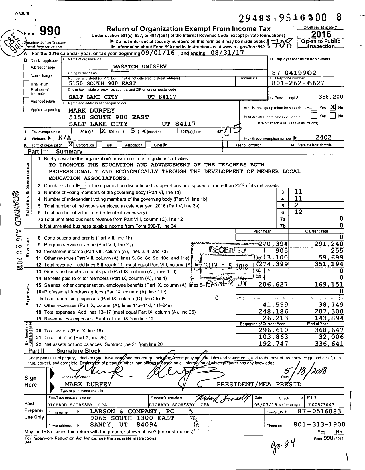 Image of first page of 2016 Form 990O for Wasatch Uniserv