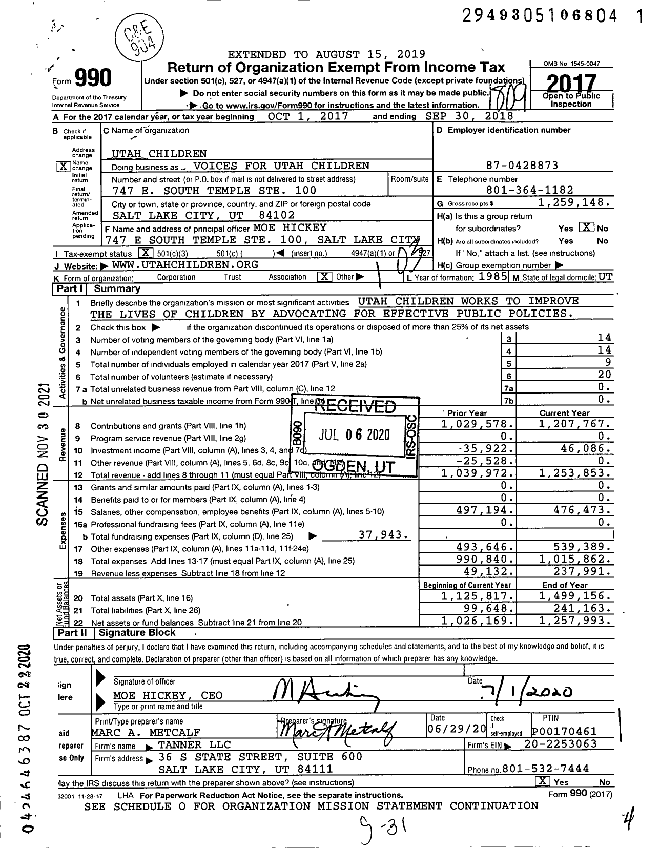 Image of first page of 2017 Form 990 for Voices for Utah Children