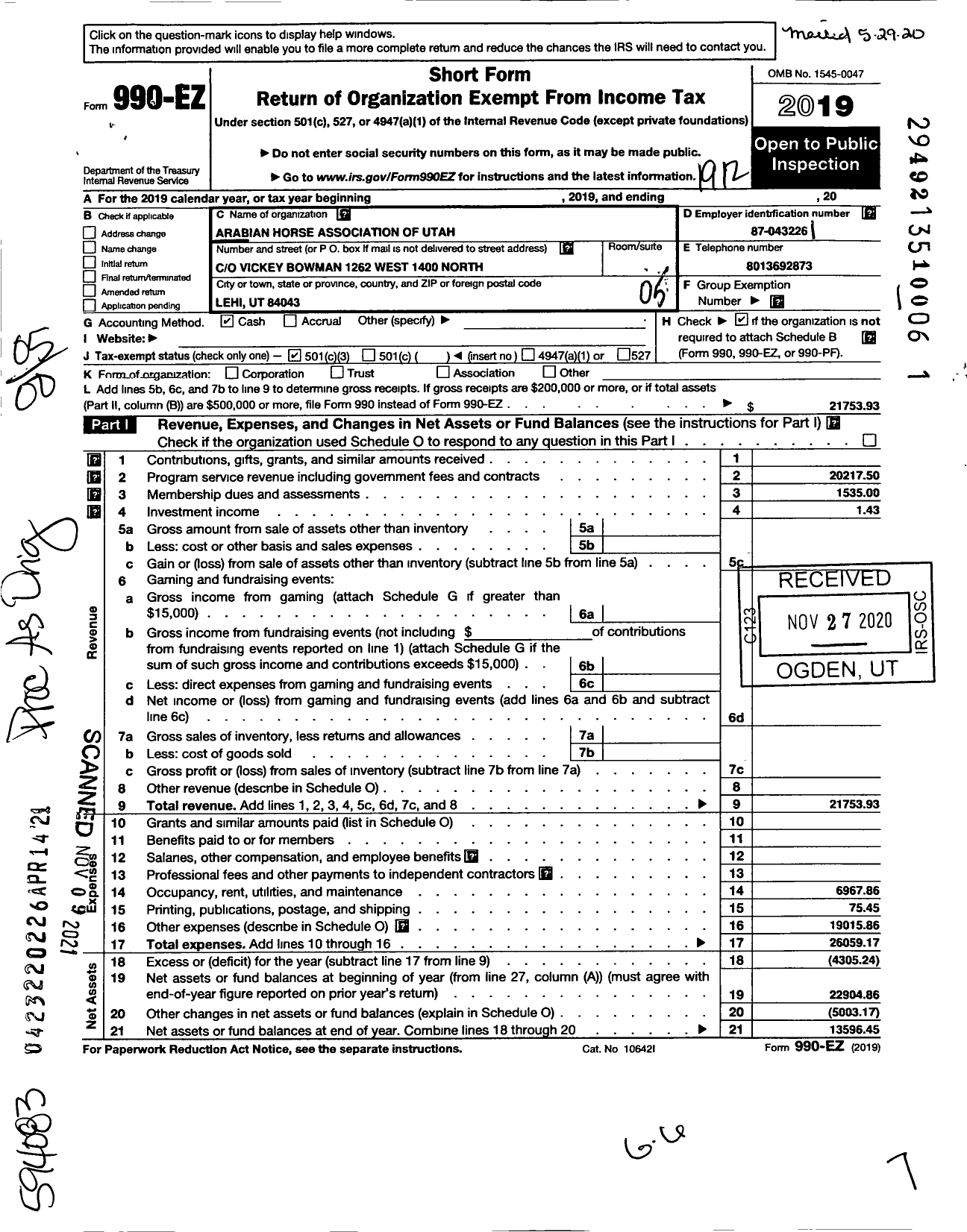 Image of first page of 2019 Form 990EO for Arabian Horse Association of Utah