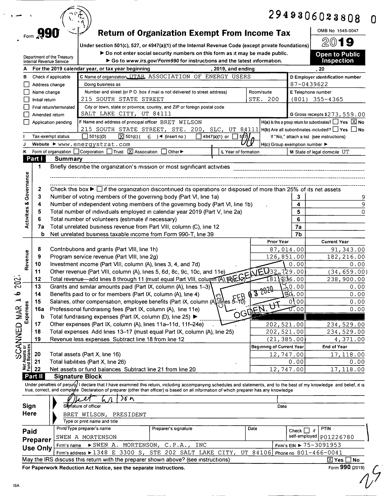 Image of first page of 2019 Form 990O for Utah Association of Energy Users