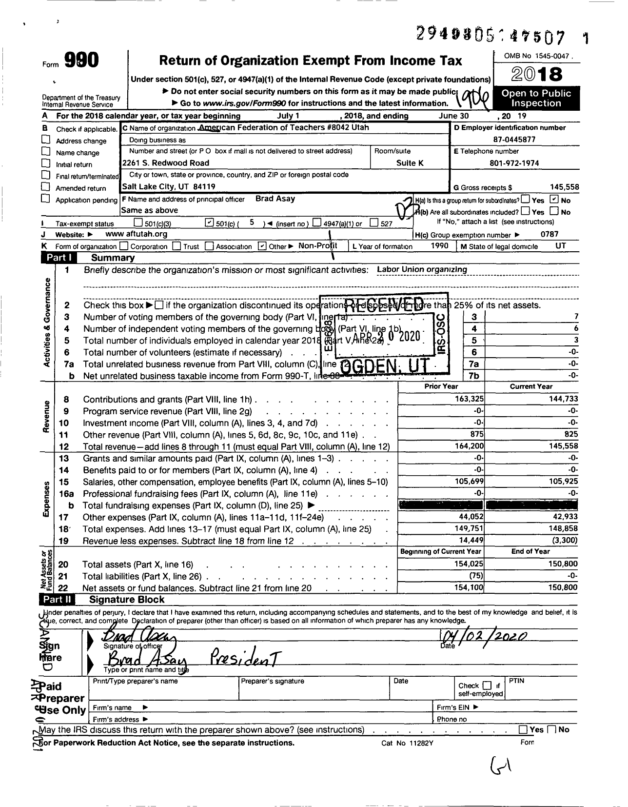 Image of first page of 2018 Form 990 for American Federation of Teachers - 8042 Utah