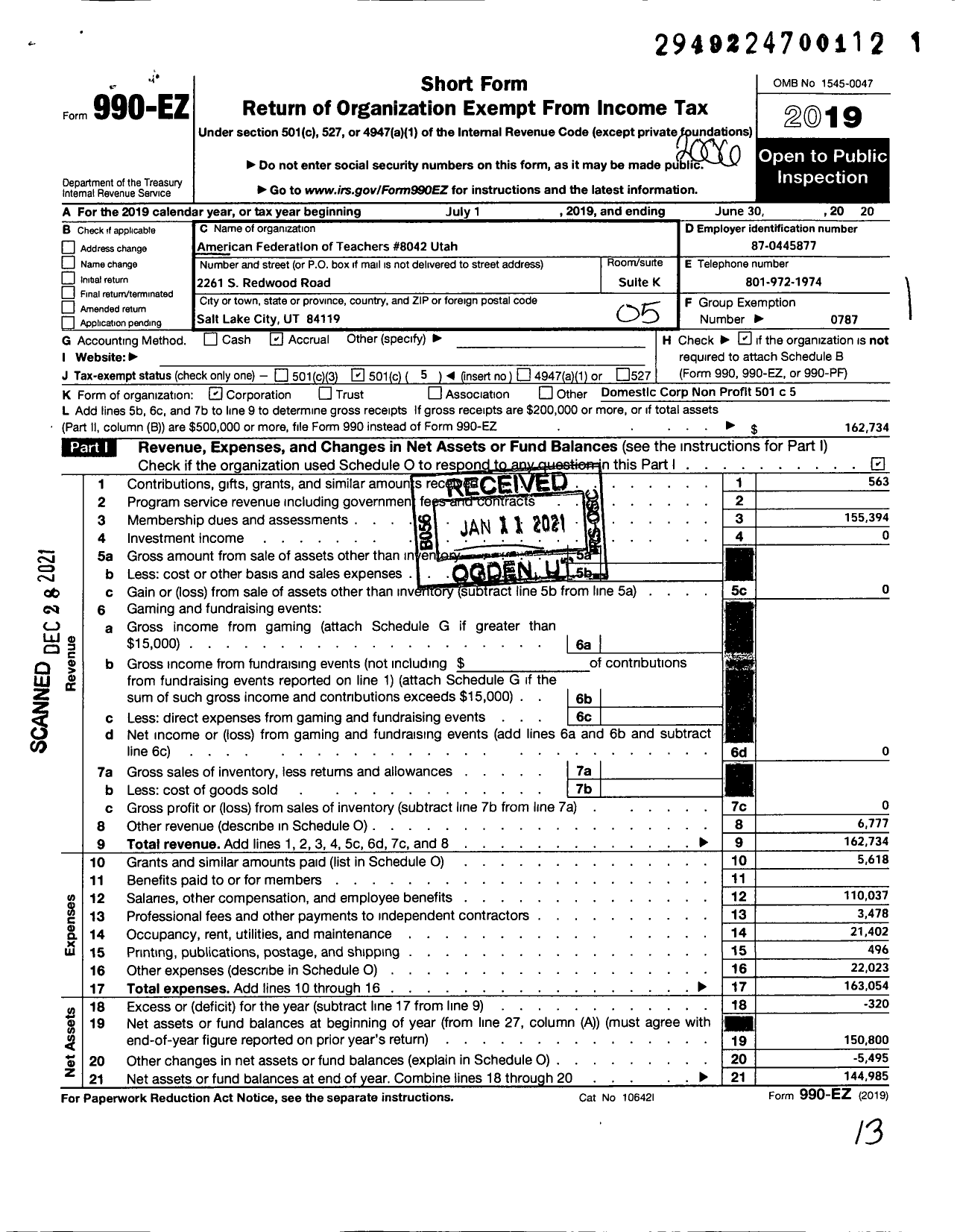 Image of first page of 2019 Form 990EO for American Federation of Teachers - 8042 Utah